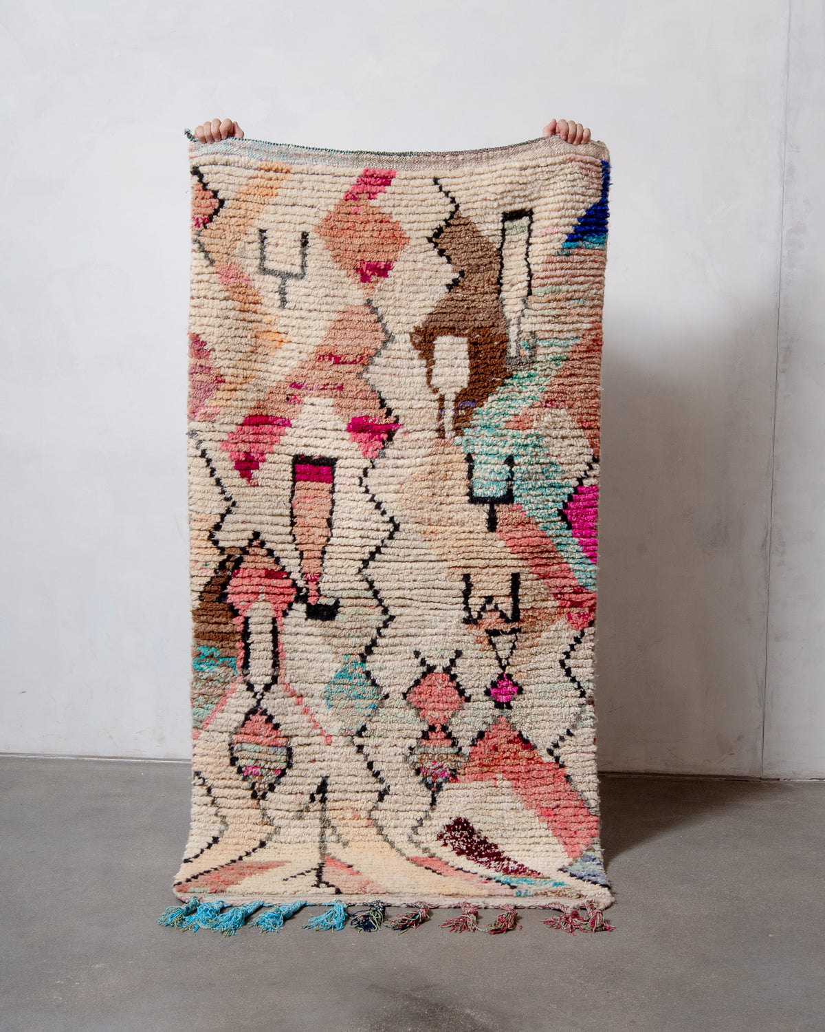Modern, designer, handcrafted Berber runner rug from Morocco. Vintage carpet with beautiful colours and patterns and fluffy texture.